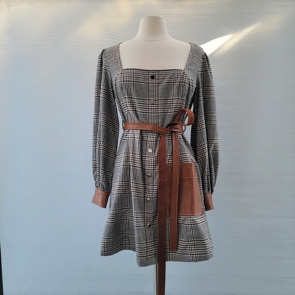 STAUD Plaid Mini Dress Size 8 Glen Check Gray Brown Faux Leather Minimalist Boho - Picture 16 of 16